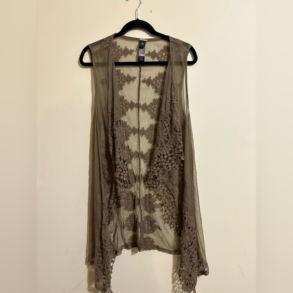 Chico's Black‎ Label women's Sheer Vest Tan Taupe embroidery size 3 Large